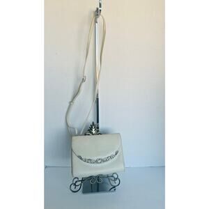 BRIGHTON Ivory Pebbled Leather Organizer Enamel Silverplate Crossbody Purse